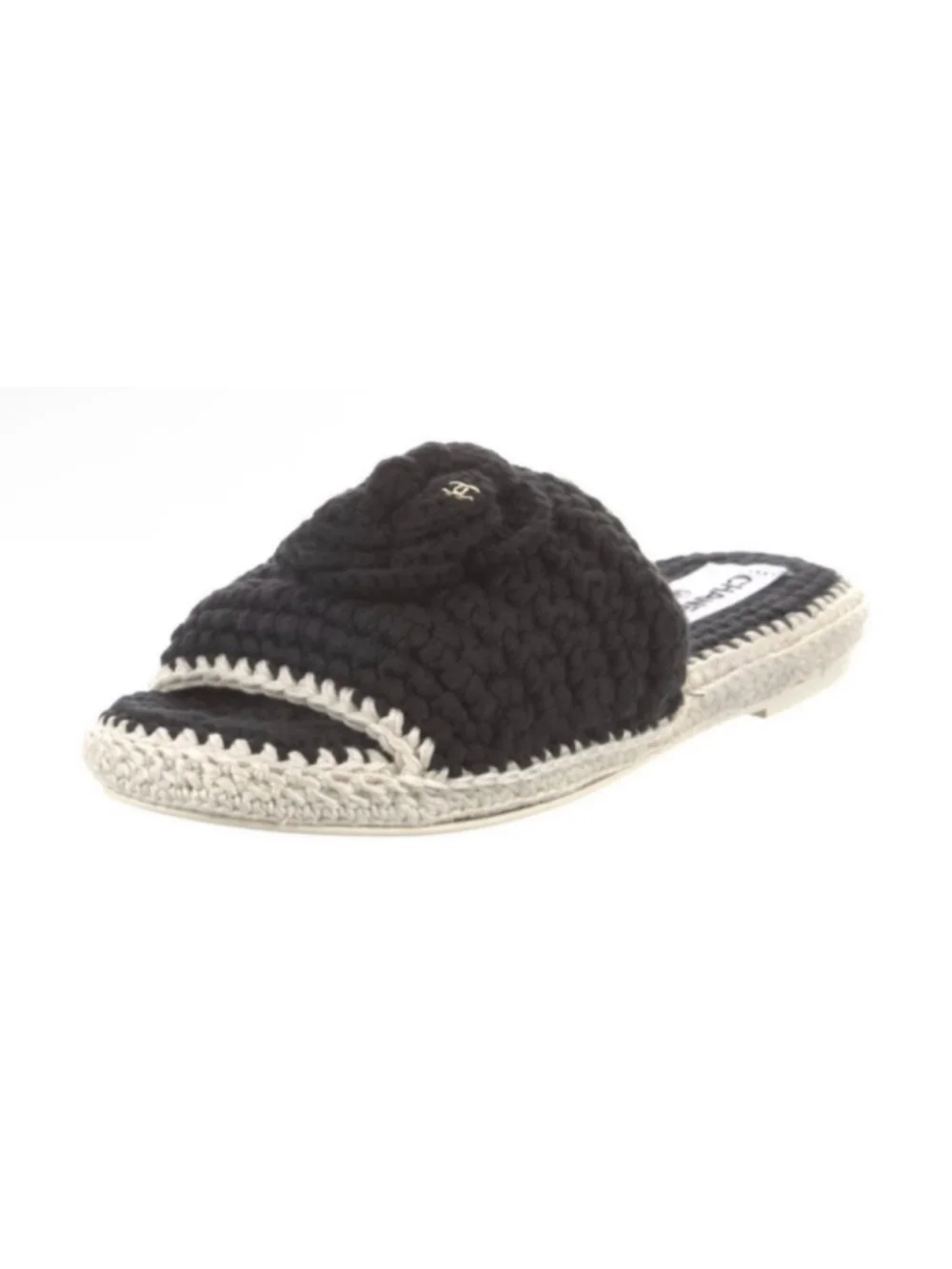 Chanel Crochet Camellia Flower Slide Sandals Black Beige 7/37